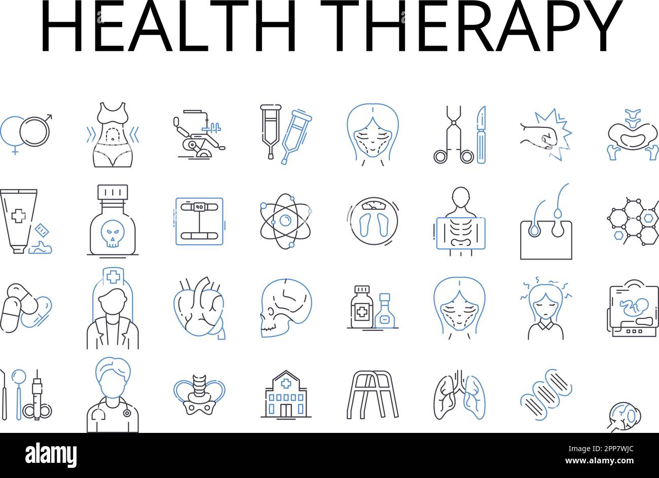 Collezione di icone della linea di terapia sanitaria. Medicina alternativa, medicina complementare, guarigione naturale, trattamento benessere, terapia mente-corpo, Olistico Illustrazione Vettoriale