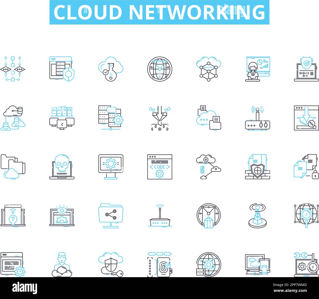 Set di icone lineari per il cloud networking. Virtualizzazione, scalabilità, elasticità, automazione, multi-tenancy, Agilità, flessibilità vettore di linea e concetto Illustrazione Vettoriale