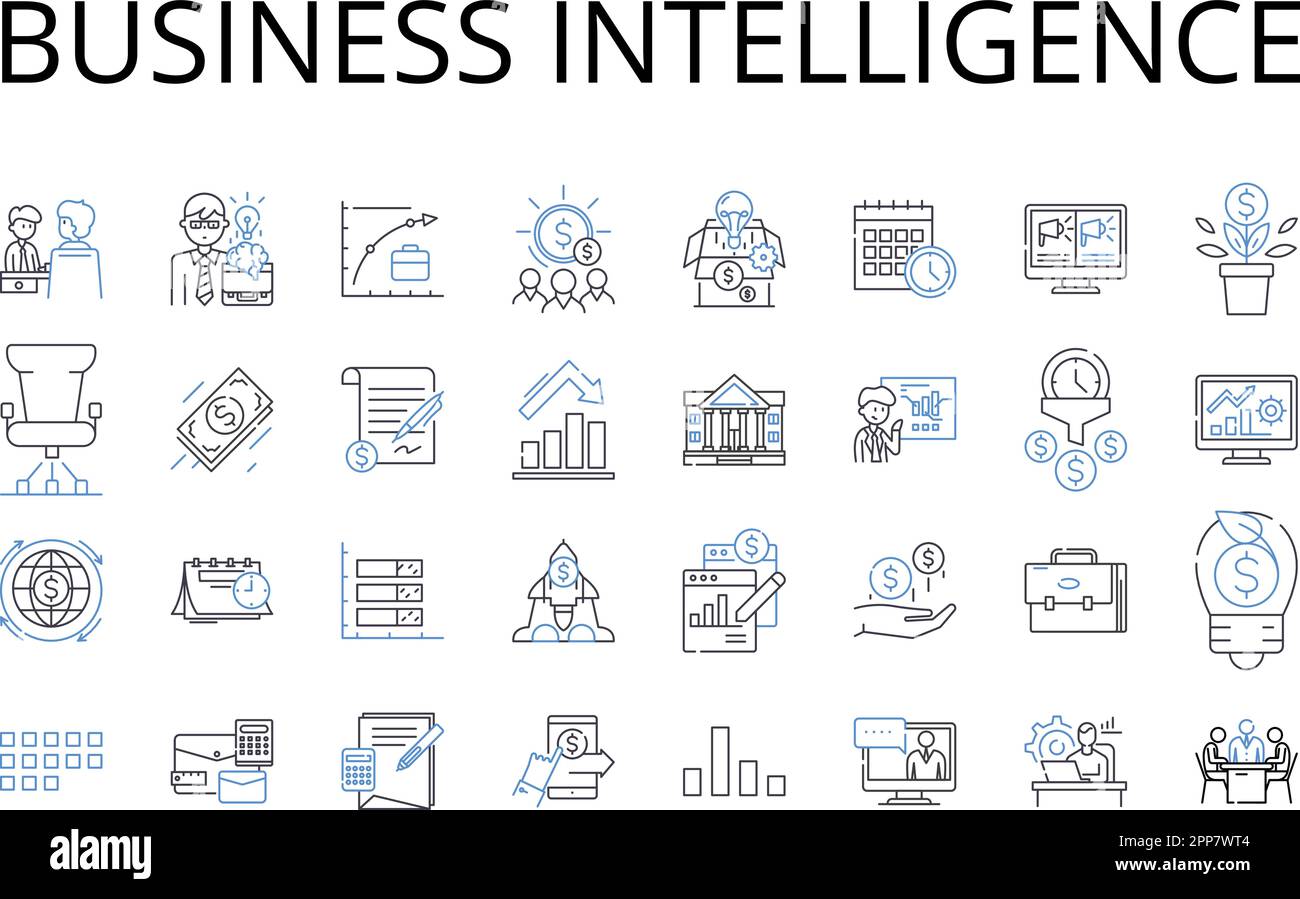 Raccolta di icone della linea Business Intelligence. Analisi di mercato, analisi della concorrenza, analisi dei dati, gestione delle informazioni, acquisizione delle conoscenze Illustrazione Vettoriale