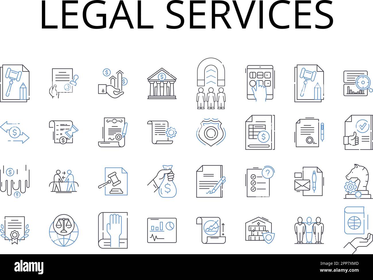 Raccolta di icone della riga servizi legali. Assistenza legale, consulente legale, avvocato, rappresentanza, assistenza, Consulenza, vettore di consultazione e illustrazione lineare Illustrazione Vettoriale