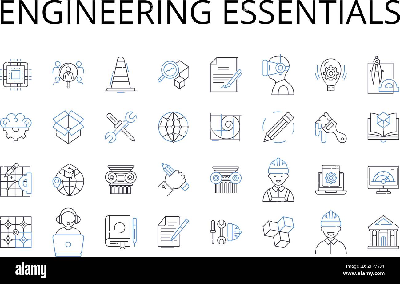 Collezione di icone della linea Engineering Essentials. Nozioni di base sulle aziende, concetti relativi ai computer, concetti di base sul marketing, termini tecnici, concetti relativi alle comunicazioni Illustrazione Vettoriale