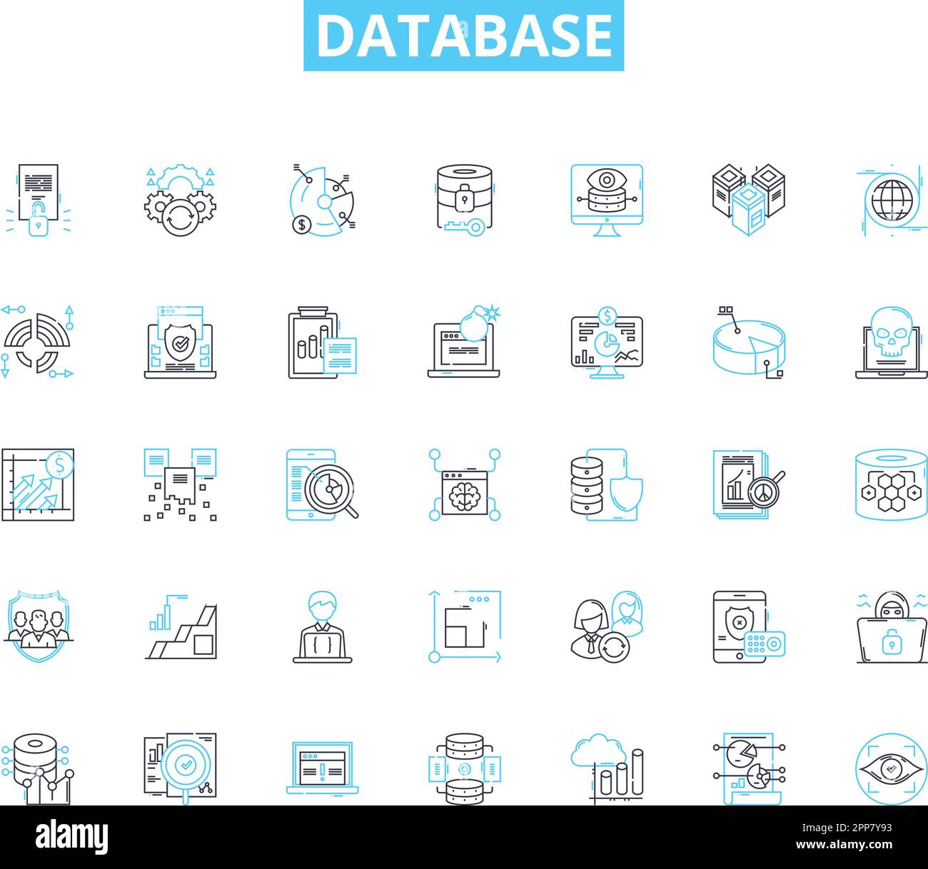 Set di icone lineari del database. Recupero, normalizzazione, interoperabilità, partizionamento, sharding, Segnaletica di backup, vettoriale di linea di clustering e concettuale Illustrazione Vettoriale