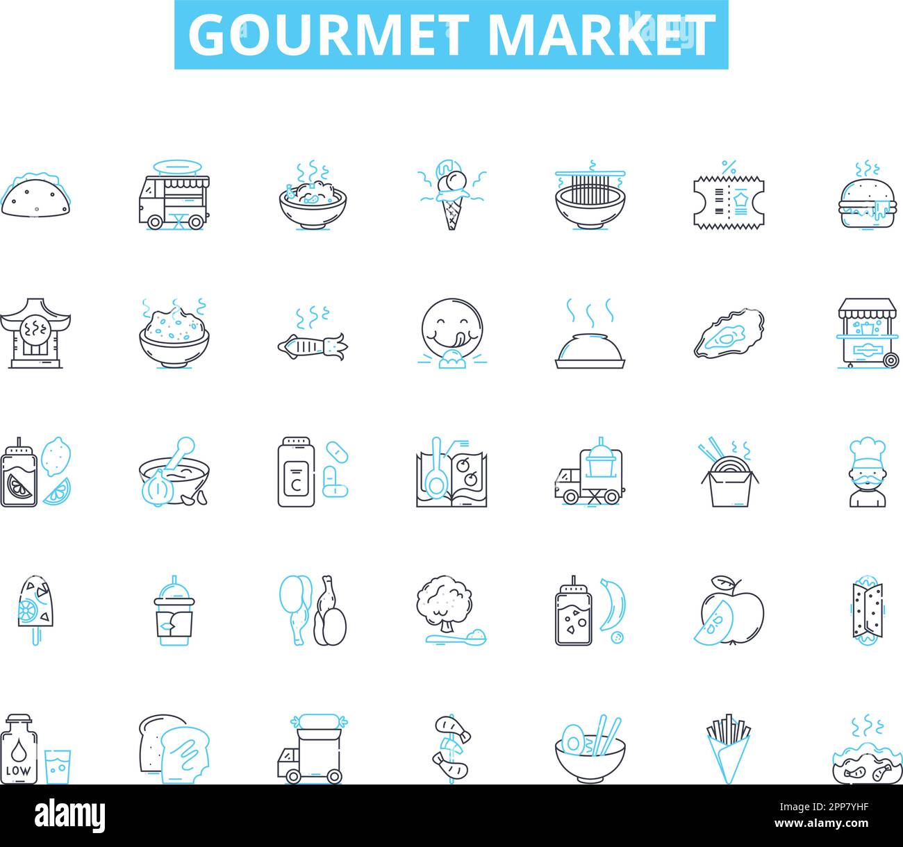 Set di icone lineari del mercato gourmet. Artigianale, biologico, specialità, locale, unico, Qualità, vettore di linea fresco e segnali concettuali. Esotico, importato, lavorato a mano Illustrazione Vettoriale