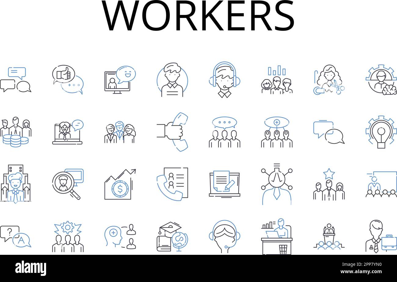 Collezione di icone della linea Workers. Dipendenti, personale, lavoratori, operatori, personale, Colleghi, colleghi, figure vettoriali e lineari. Associati Illustrazione Vettoriale
