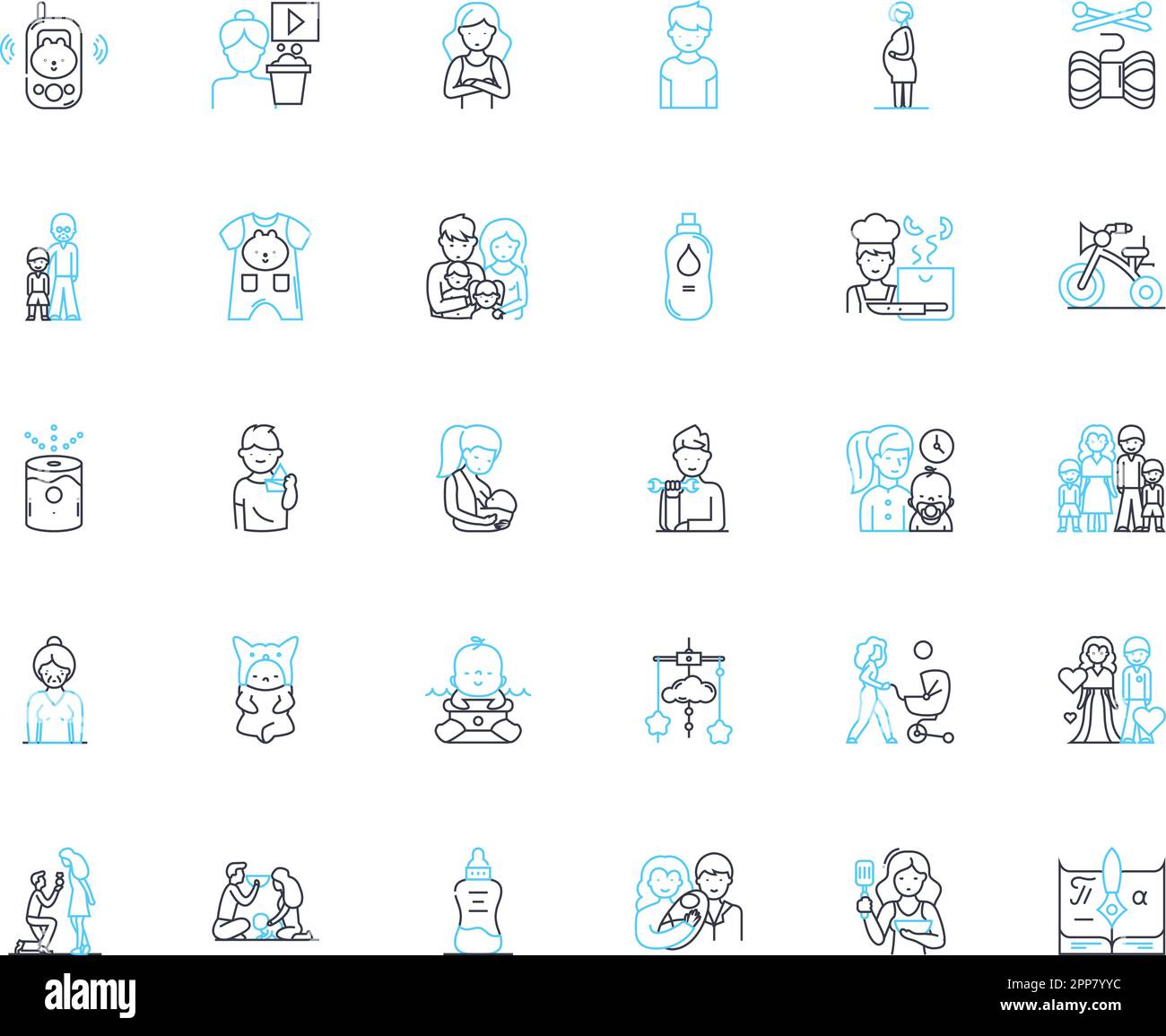 Icone lineari per neonati impostate. Cudly, minuscolo, Innocenzo, adorabile, Sleepy, Segnali vettoriali e concettuali delicati e di linea tenera. Neonato,fragile,contorno gorgogliante Illustrazione Vettoriale