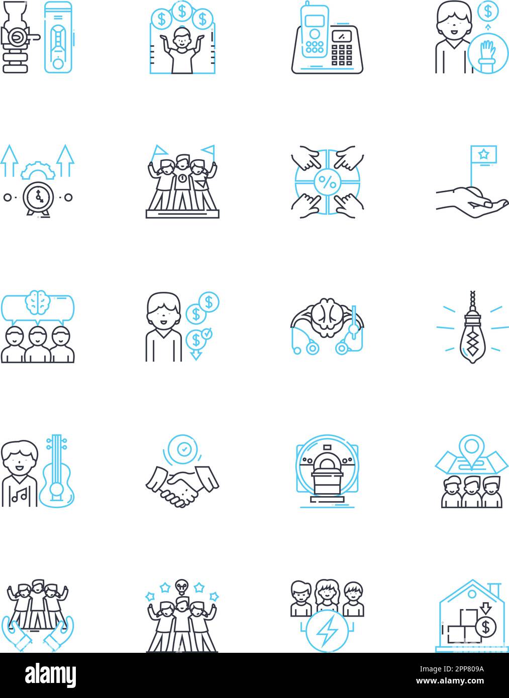 accessori da scrivania icone lineari set. Organizer, cucitrice, calcolatrice, pianificatore, nastro, Forbici, vettore linea penna e segnali concettuali. Matita, gomma, Post-it Illustrazione Vettoriale