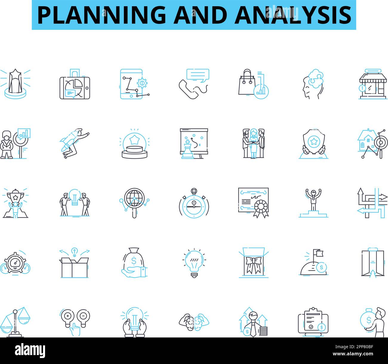 Set di icone lineari di pianificazione e analisi. Strategia, previsione, ottimizzazione, ricerca, valutazione, Valutazione, vettore di linea di brainstorming e concetto Illustrazione Vettoriale