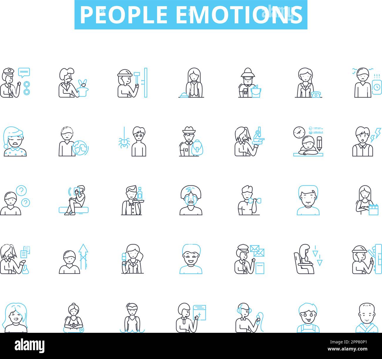 Persone emozioni lineari icone set. Felicità, tristezza, rabbia, Amore, odio, Gioia, vettore di linea di paura e segnali concettuali. Eccitazione, ansia, soddisfazione Illustrazione Vettoriale