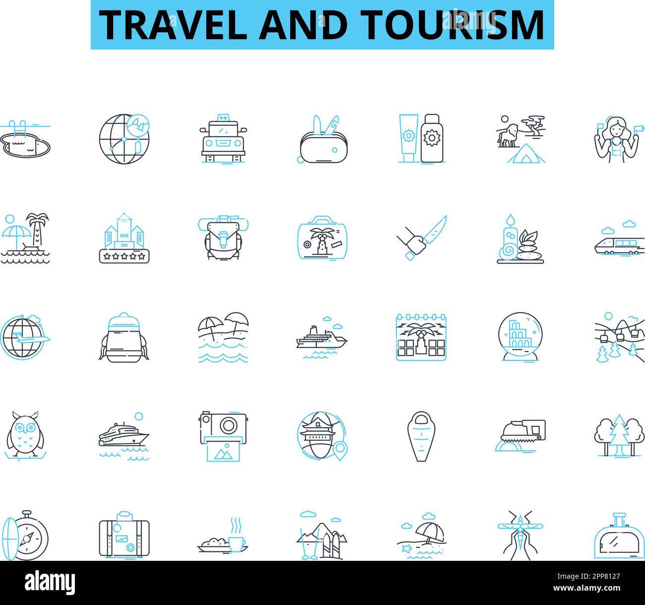 Set di icone lineari per viaggi e turismo. Avventura, Backpacking, spiagge, Cultura, Eco-turismo, Food, Hospitality line Vector e Concept Signs. Isole Illustrazione Vettoriale