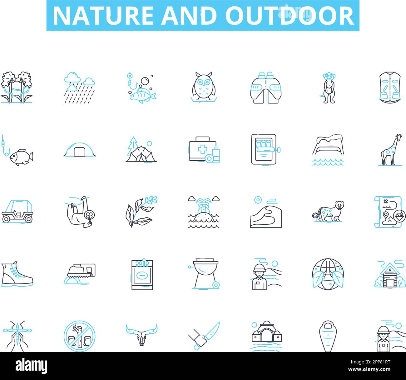 Set di icone lineari per esterni e natura. Natura selvaggia, Montagne, foreste, fiumi, oceani, Paesaggi, natura vettore linea e segnali concettuali. Tramonti Illustrazione Vettoriale