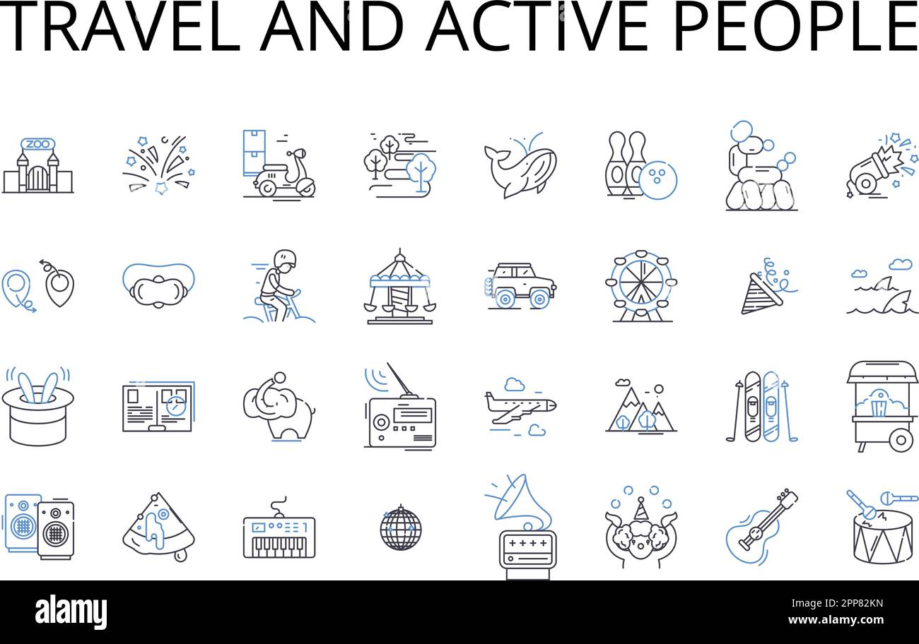 Collezione di icone linea viaggi e persone attive. Amanti dell'avventura, jet-setter, nomadi in roaming, spiriti vaganti, appassionati di globetroting Illustrazione Vettoriale