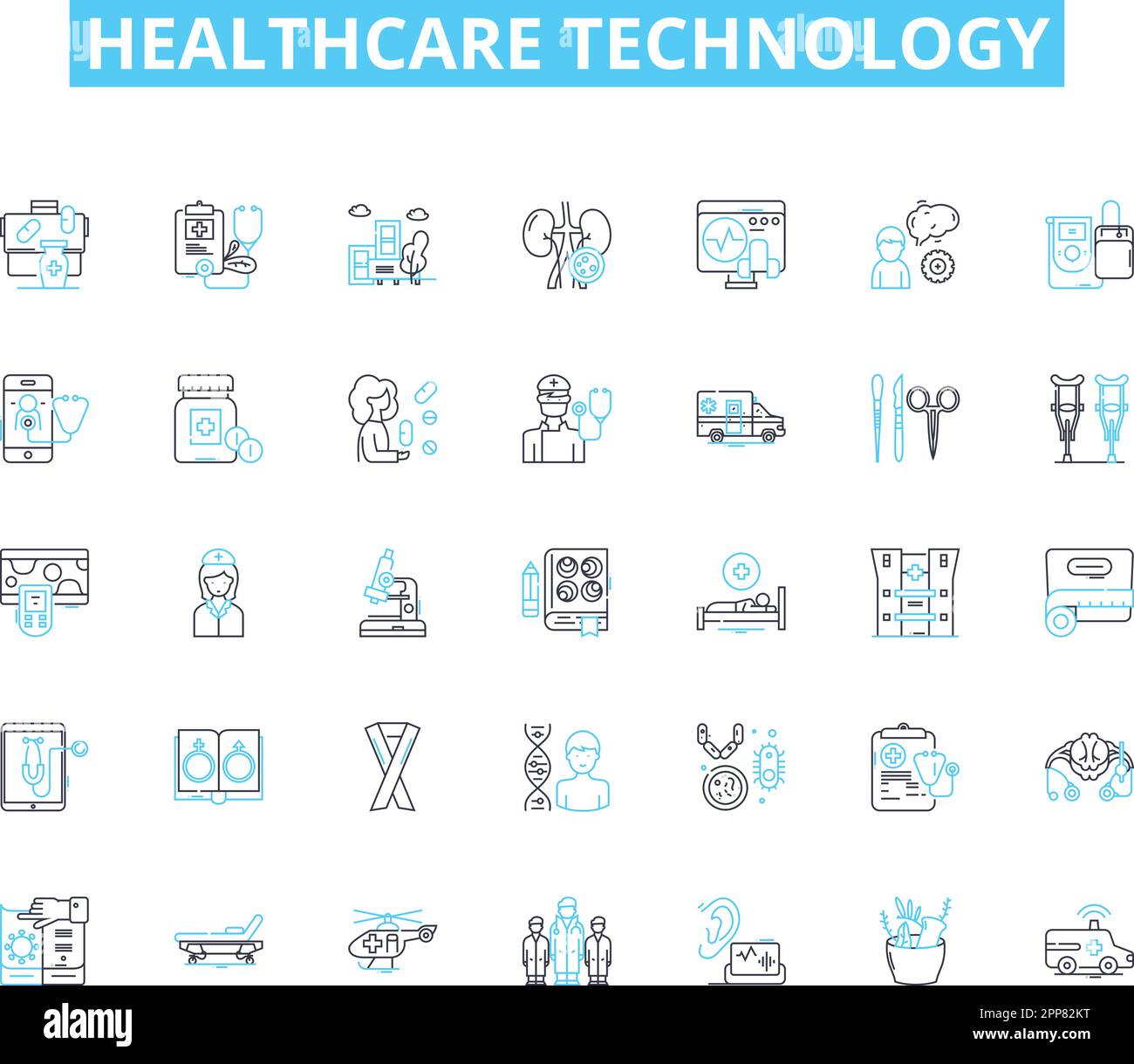 Set di icone lineari per la tecnologia sanitaria. Telemedicina, indossabili, cartelle cliniche elettroniche (EHR), intelligenza artificiale (ai), Blockchain, Telehealth Illustrazione Vettoriale