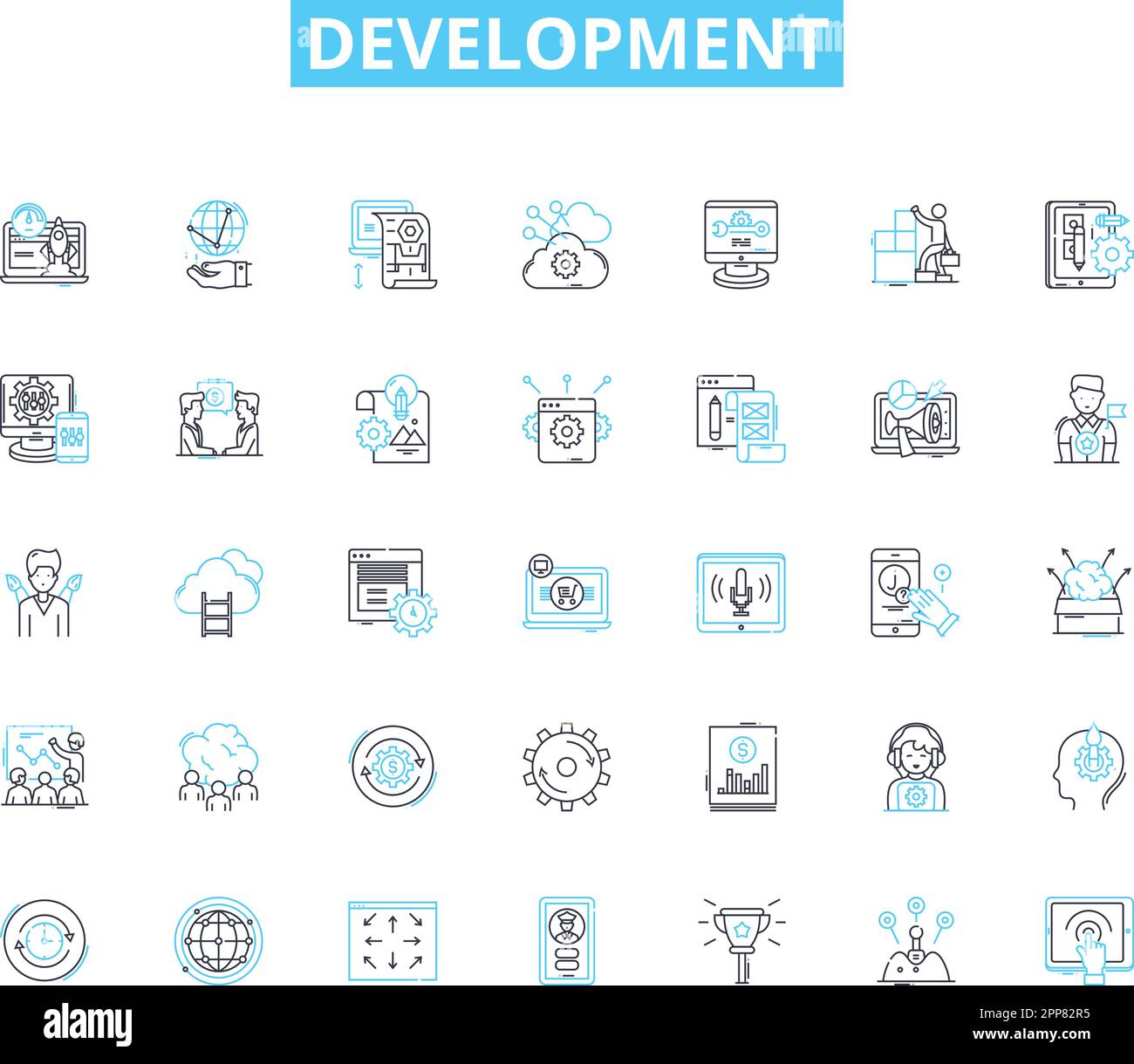 Set di icone lineari di sviluppo. Progresso, crescita, avanzamento, innovazione, evoluzione, Trasformazione, vettore di linea di maturazione e segni concettuali Illustrazione Vettoriale