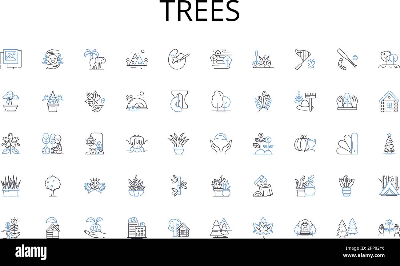 Alberi linea icone raccolta. Scavo, pesante, costruzione, cantiere, potente, Illustrazione idraulica, vettoriale benna e lineare. Macchinari Illustrazione Vettoriale