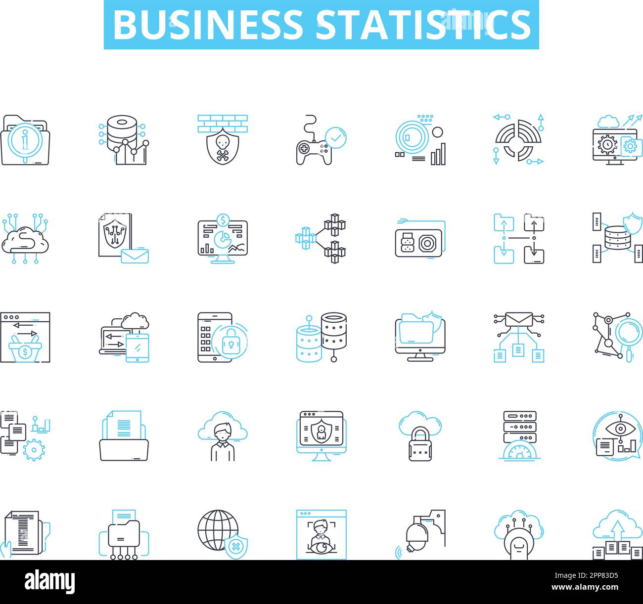 Set di icone lineari per statistiche aziendali. Analisi, previsione, dati, probabilità, tendenze, Variabilità, vettore di linea di correlazione e segnali concettuali Illustrazione Vettoriale