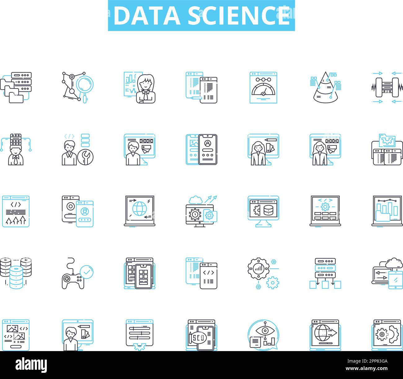 Set di icone lineari Data Science. Analisi, algoritmi, big data, clustering, correlazione, Data mining, alberi decisionali, vettori di linea e segnali concettuali Illustrazione Vettoriale