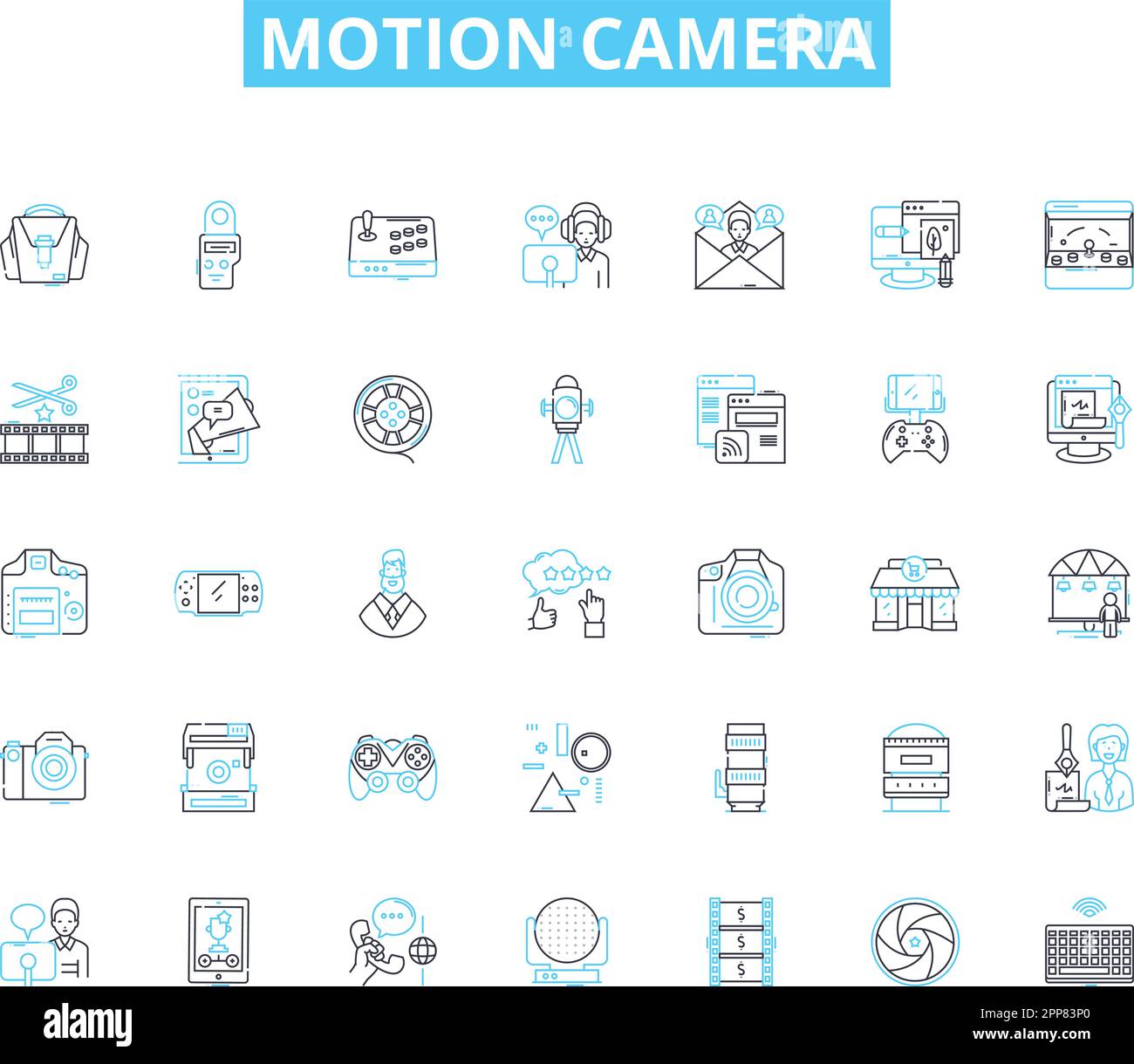 Icone lineari della telecamera di movimento impostate. Azione, Avventura, impermeabile, durata, qualità, Bike, linea escursionistica vettoriale e segnaletica concettuale. Alpinismo Illustrazione Vettoriale