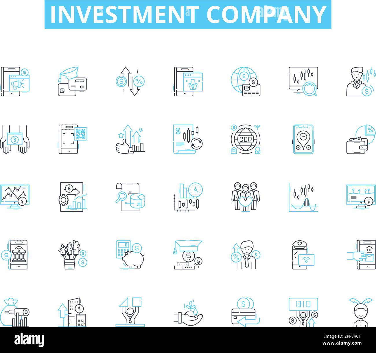 Set di icone lineari per società di investimento. Portafoglio, dividendi, azioni, obbligazioni, fondi comuni, Capitale, vettore di linea di rischio e segnali di concetto. Ritorni, crescita Illustrazione Vettoriale