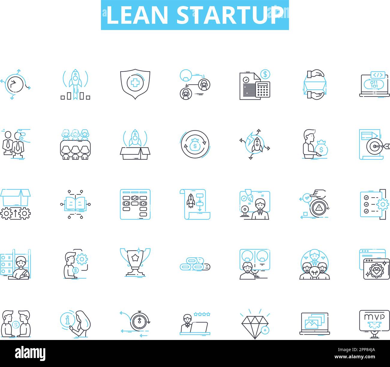 Set di icone lineari di avvio Lean. Agilità, innovazione, convalida, iterazione, crescita, Rischio, vettore di linea minimo e segnali concettuali. Realizzabile, mercato del prodotto Illustrazione Vettoriale