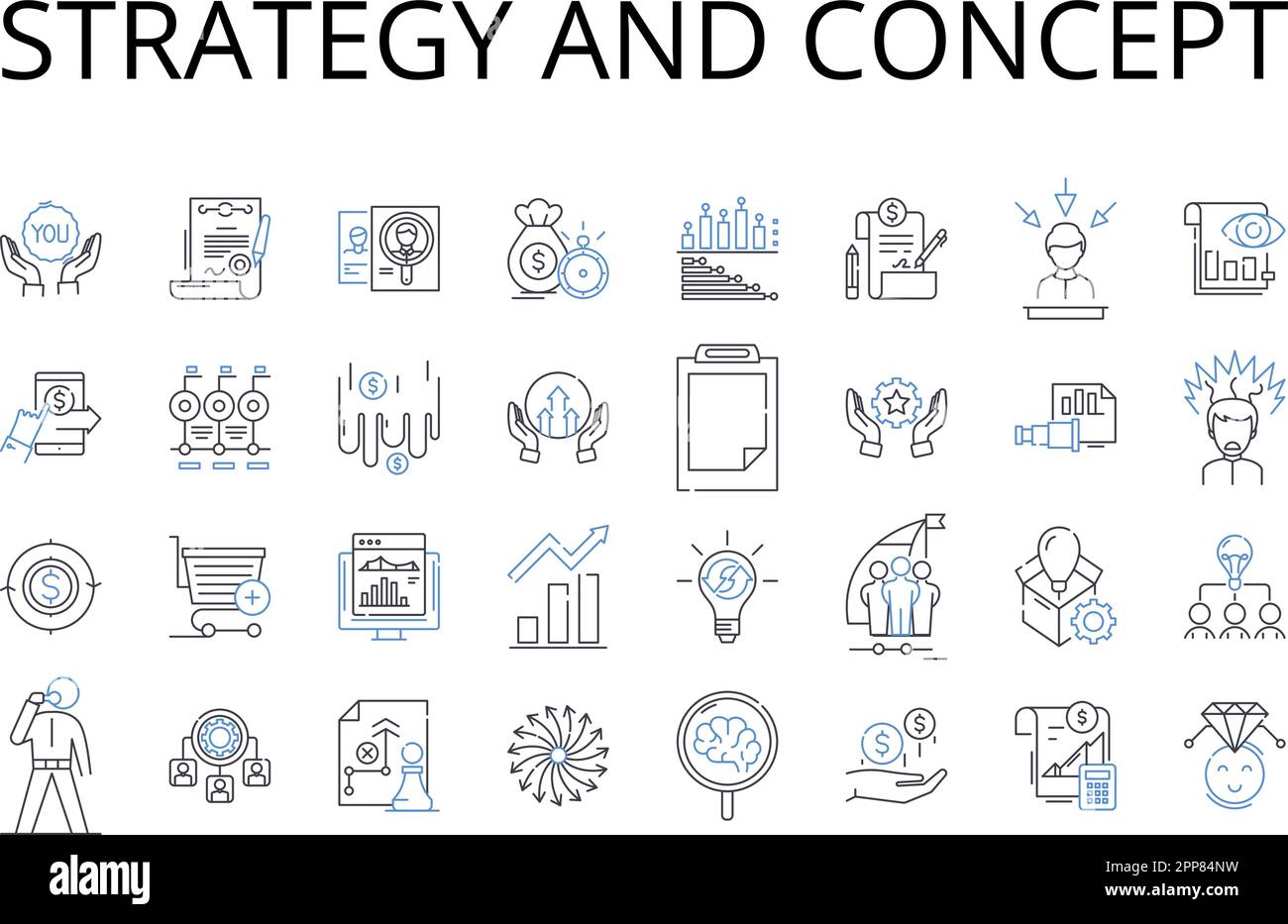 Collezione di icone di linee strategiche e concettuali. Pianificazione e schema, idea e pensiero, approccio e metodo, obiettivo e obiettivo, visione e missione, Sistema e. Illustrazione Vettoriale