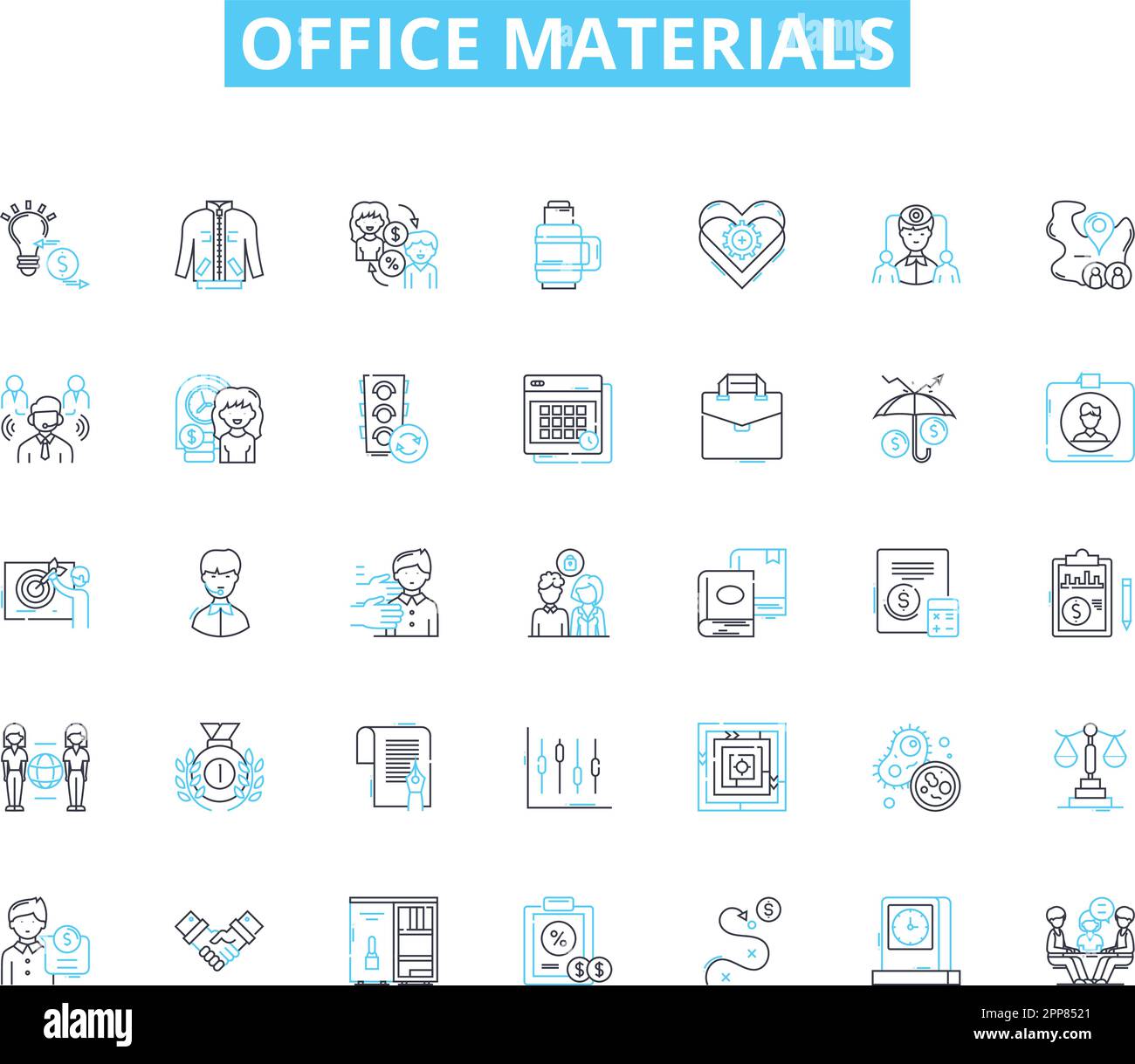 Set di icone lineari per materiali per ufficio. Scrivania, sedia, penna, carta, cucitrice, Nastro, vettore di linea di forbici e segnali concettuali. Evidenziatore, marcatore, calcolatrice Illustrazione Vettoriale