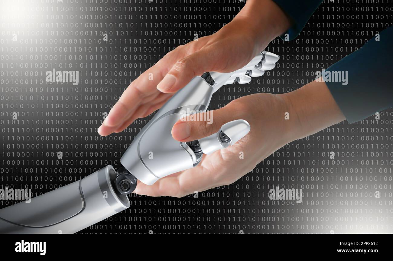 Il robot e le mani umane tengono e si connettono in background con codice binario. Intelligenza artificiale, apprendimento automatico, concetti di chatbot. Intelligenza artificiale per la scienza, e Foto Stock