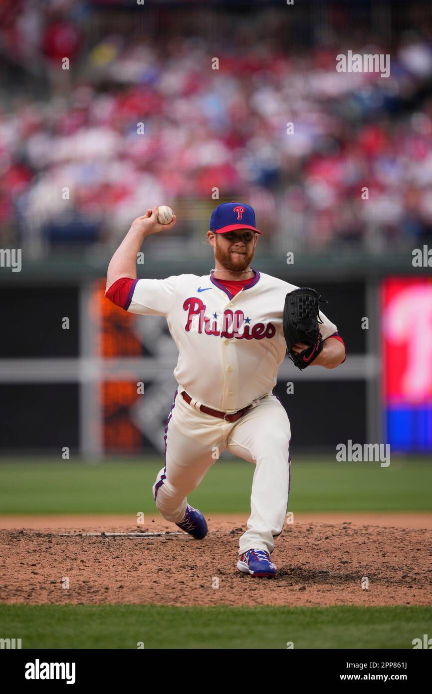 Philadelphia Phillies' Craig Kimbrel plays during a baseball game, Saturday, April 22, 2023, in Philadelphia. (AP Photo/Matt Slocum) Foto Stock