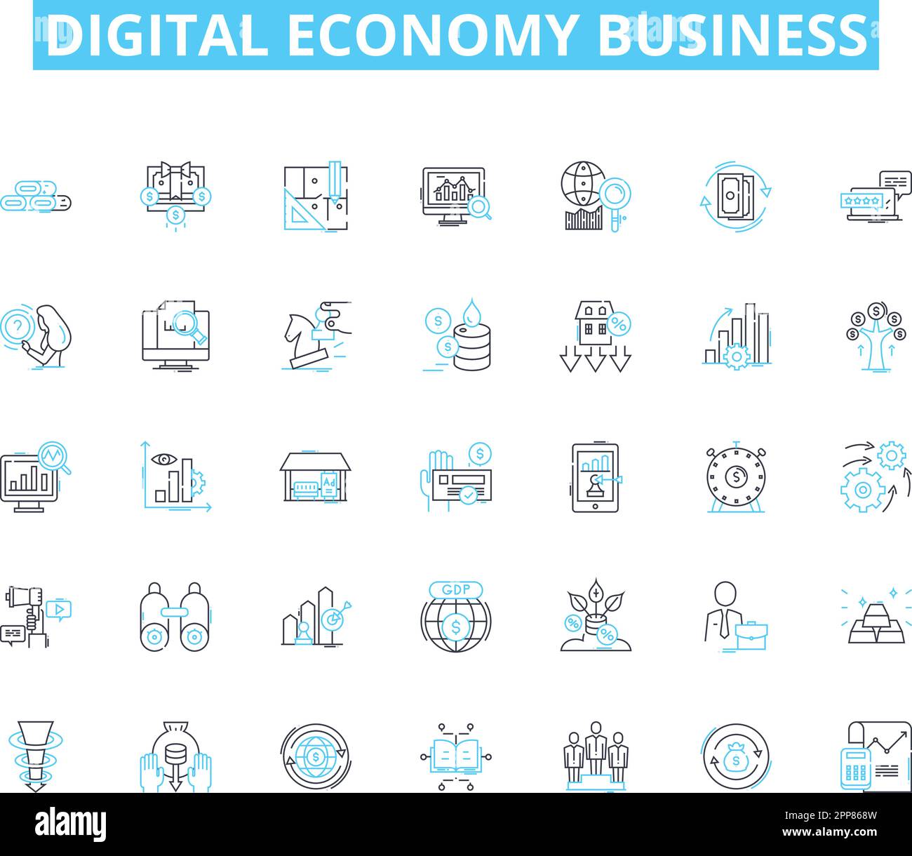Set di icone lineari per l'economia digitale. Innovazione, e-commerce, Startup, Cryptocurrency, Blockchain, Automazione, vettore e concetto delle linee di big data Illustrazione Vettoriale