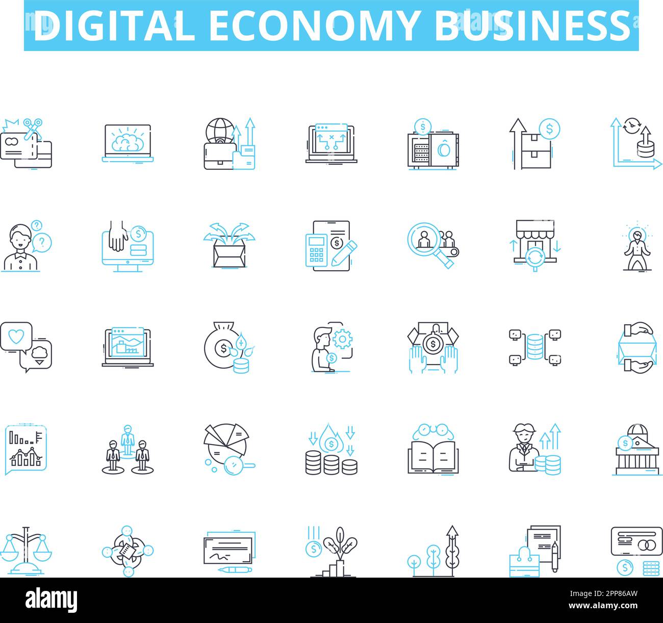 Set di icone lineari per l'economia digitale. Innovazione, e-commerce, Startup, Cryptocurrency, Blockchain, Automazione, vettore e concetto delle linee di big data Illustrazione Vettoriale