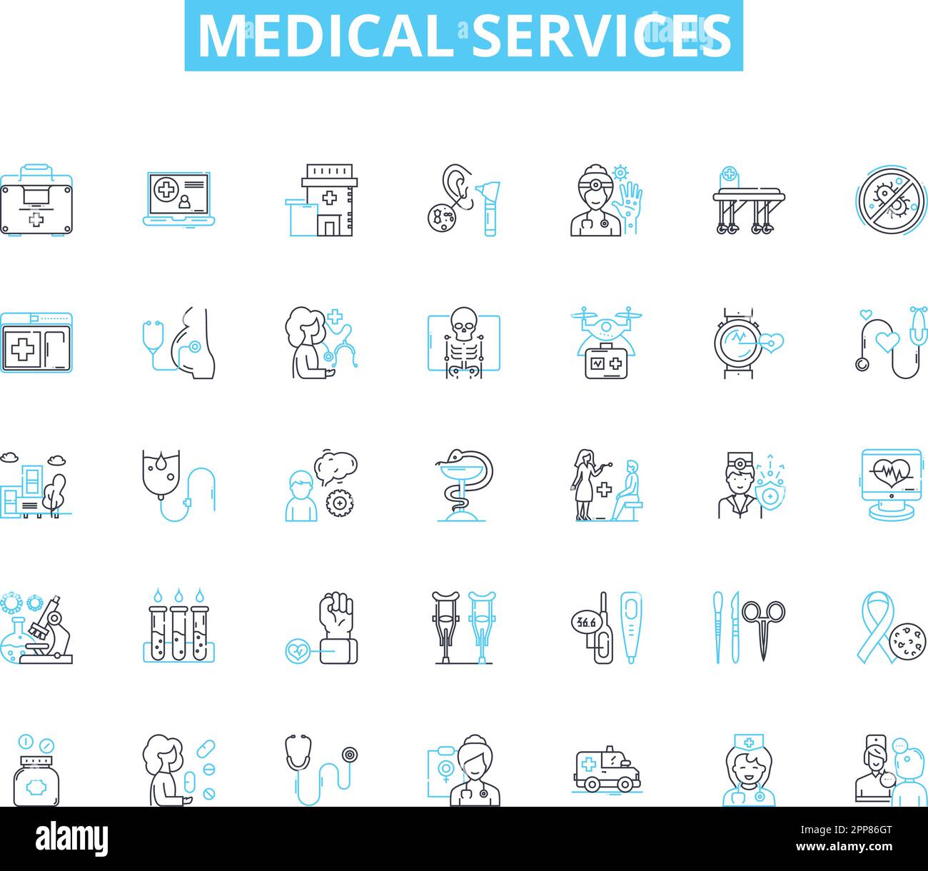 Set di icone lineari per servizi medici. Diagnosi, trattamento, Assistenza sanitaria, Riabilitazione, preventiva, Segni clinici, vettori della linea di terapia e concettuali Illustrazione Vettoriale