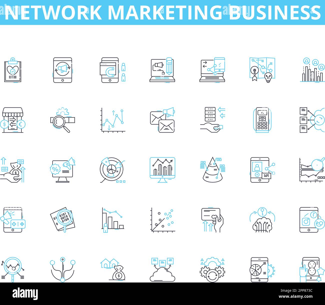 Network marketing business lineare icone set. MLM, downline, reclutamento, multilivello, compensazione, Lavoro di squadra, vettore della linea di leadership e segnali di concetto Illustrazione Vettoriale