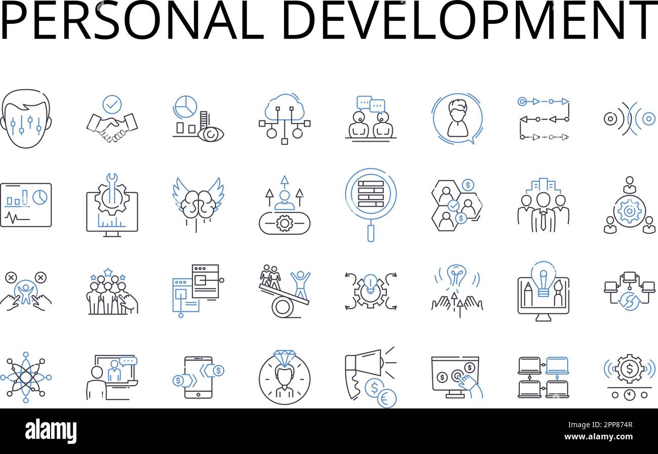 Collezione di icone della linea di sviluppo personale. Auto-miglioramento, crescita professionale, miglioramento delle competenze, progressione della carriera, sviluppo delle competenze Illustrazione Vettoriale