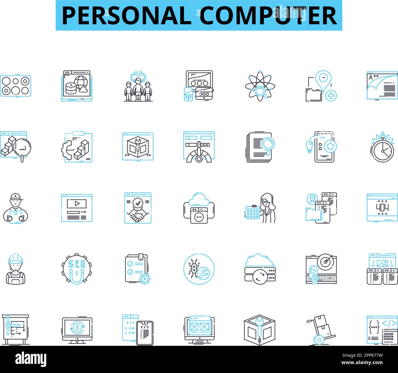 Set di icone lineari per personal computer. Desktop, notebook, tastiera, mouse, monitor, CPU, vettore di linea GPU e segnali concettuali. RAM, disco rigido, struttura SSD Illustrazione Vettoriale
