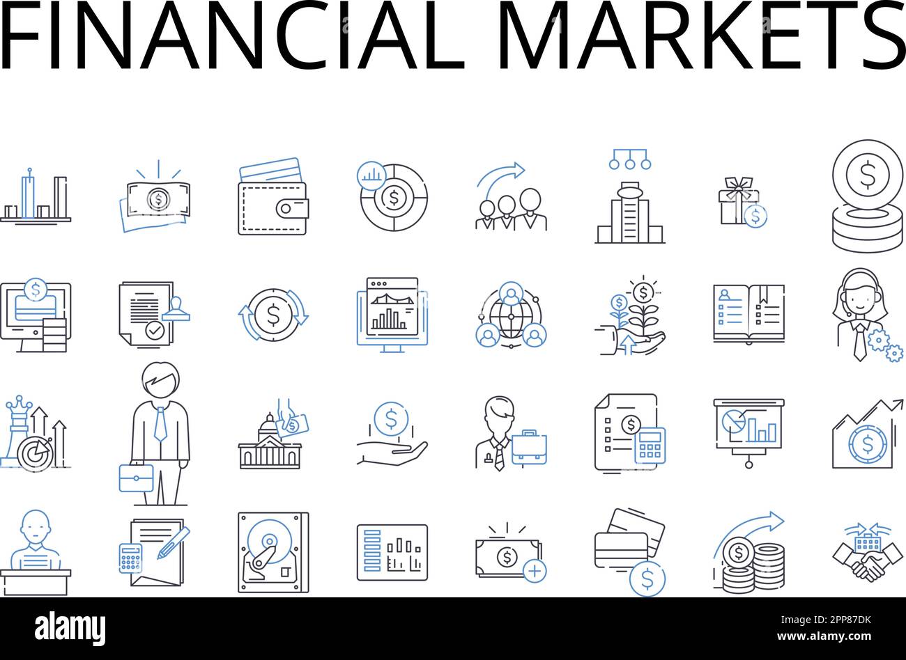 Raccolta di icone delle linee dei mercati finanziari. Borsa valori, veicoli di investimento, mercati dei capitali, economia di mercato, economia di cassa, Gestione patrimoniale Illustrazione Vettoriale