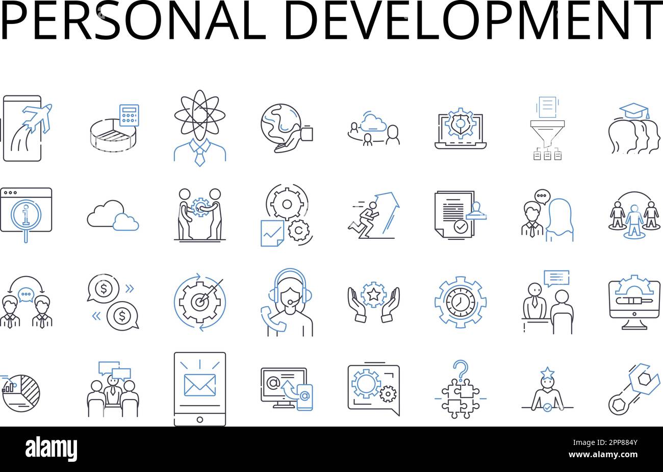 Collezione di icone della linea di sviluppo personale. Auto-miglioramento, crescita professionale, miglioramento delle competenze, progressione della carriera, sviluppo delle competenze Illustrazione Vettoriale