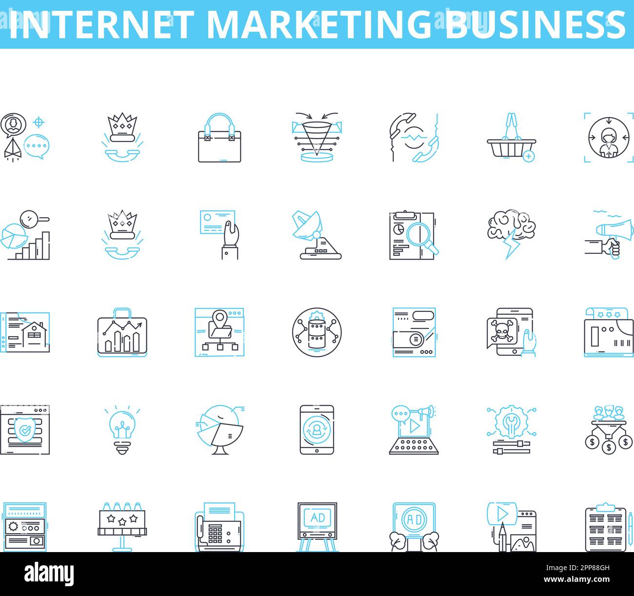 Internet marketing business lineare icone set. SEO, PPC, contenuti, analisi, social network, E-mail, vettore di linea mobile e segnali concettuali. Strategia,Branding Illustrazione Vettoriale