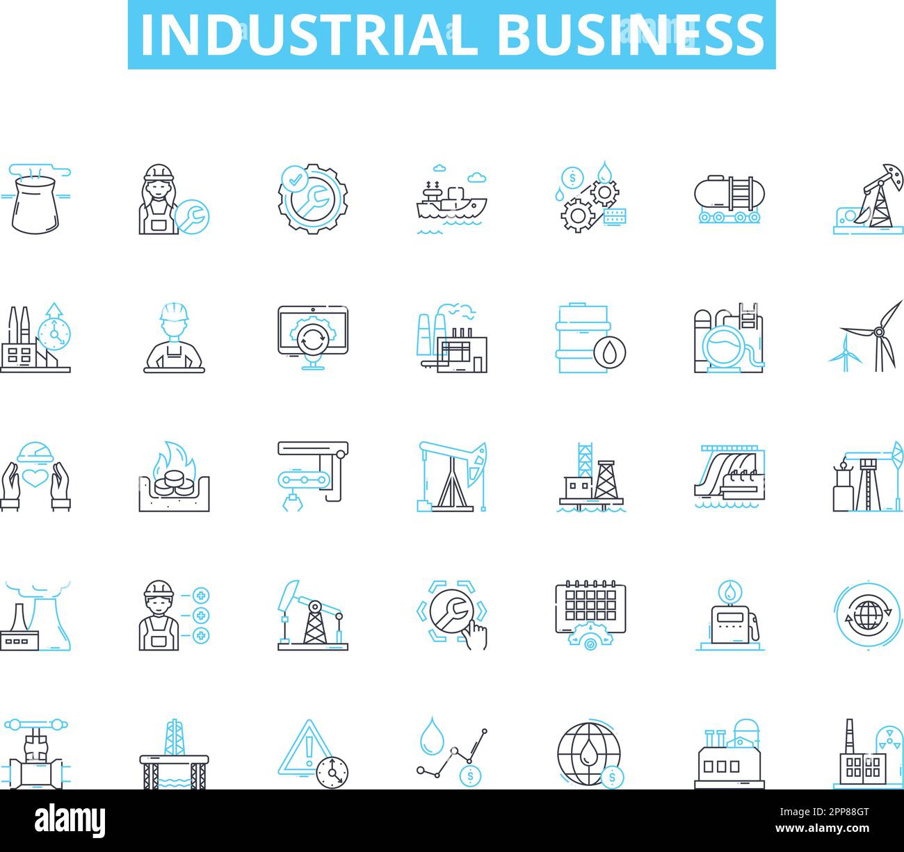 Set di icone lineari per aziende industriali. Produzione, produzione, industrializzazione, automazione, assemblaggio, Lavorazione, vettore di linea di fabbricazione e. Illustrazione Vettoriale