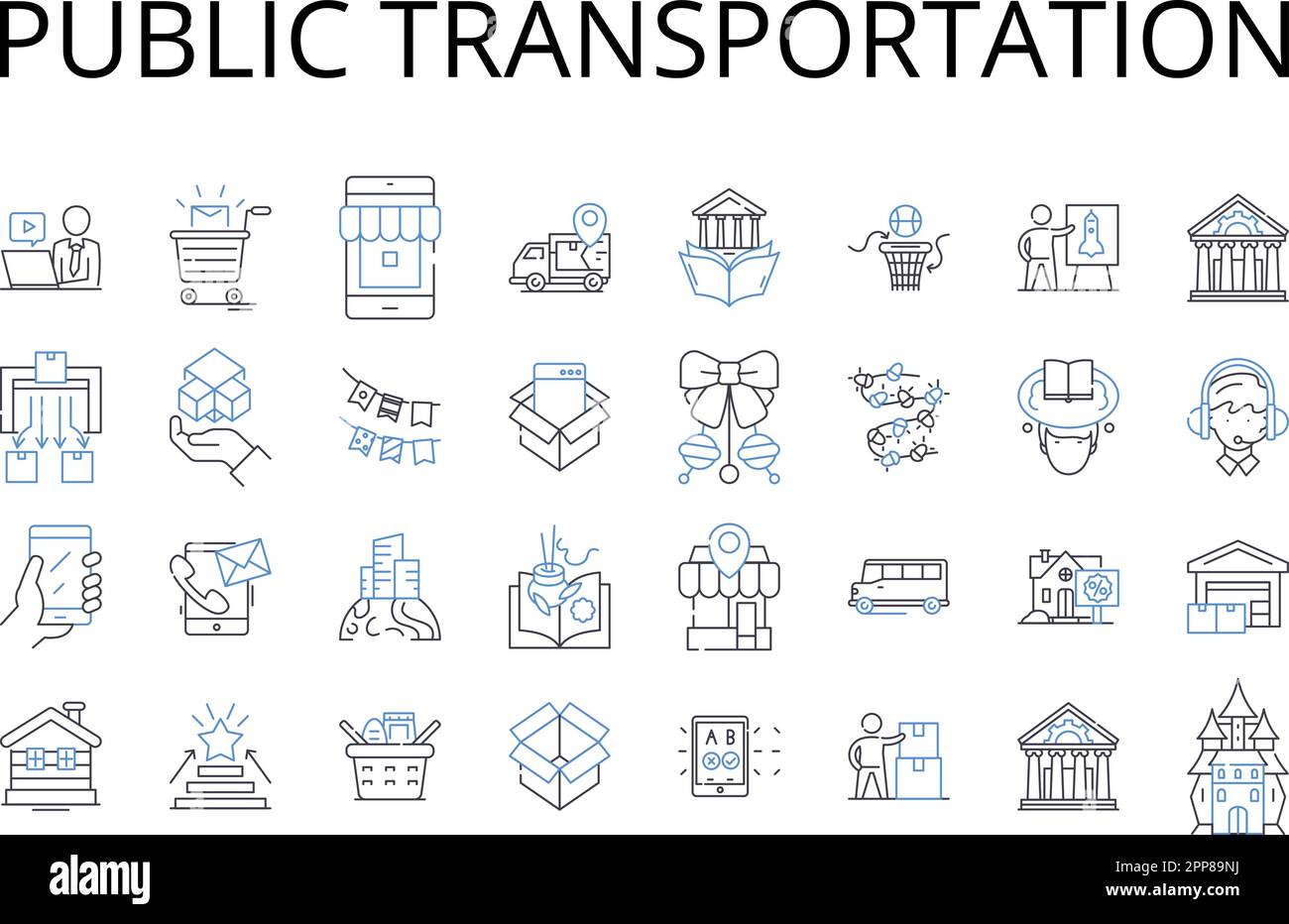 Collezione di icone delle linee di trasporto pubblico. Trasporto di massa, treno per pendolari, autobus cittadino, Ride share, corsia Carpool, Taxi moto, servizio Pedicab vettore Illustrazione Vettoriale