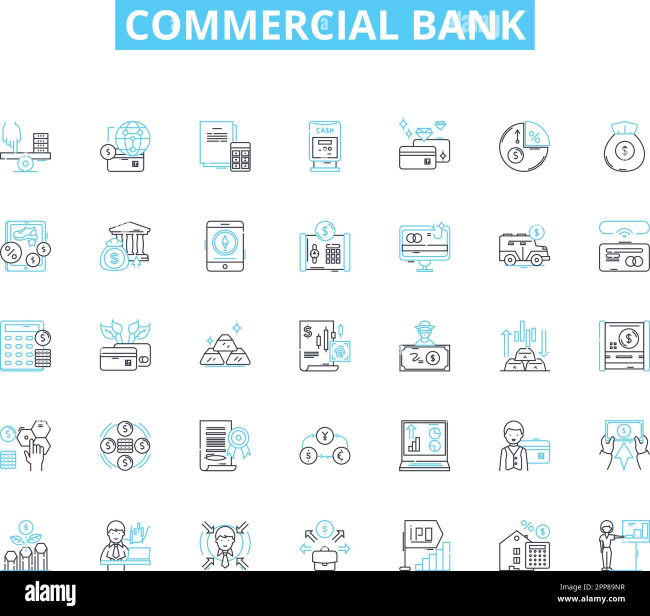 Set di icone lineari per banche commerciali. Depositi, prestiti, interessi, capitale, filiali, Agenzia nerk, vettore di linea di credito e segnali di concetto. Bozze,controllo Illustrazione Vettoriale