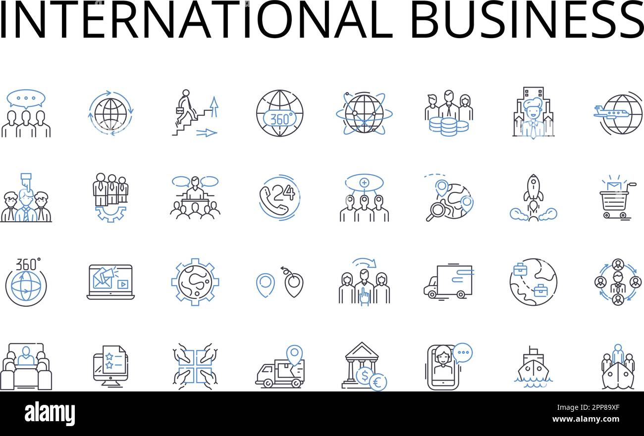 Collezione internazionale di icone business line. Commercio globale, commercio estero, affari multinazionali, rapporti transnazionali, economia mondiale, Croce Illustrazione Vettoriale