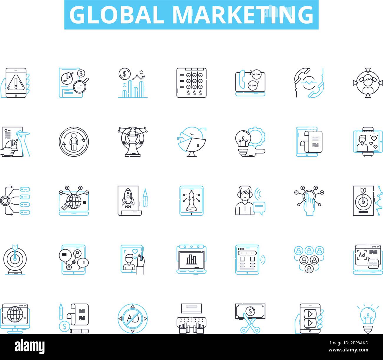Set di icone lineari per il marketing globale. globalizzazione, diversità culturale, segmentazione del mercato, branding, internazionalizzazione, adattamento, localizzazione Illustrazione Vettoriale