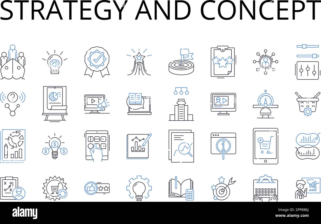 Collezione di icone di linee strategiche e concettuali. Pianificazione e schema, idea e pensiero, approccio e metodo, obiettivo e obiettivo, visione e missione, Sistema e. Illustrazione Vettoriale