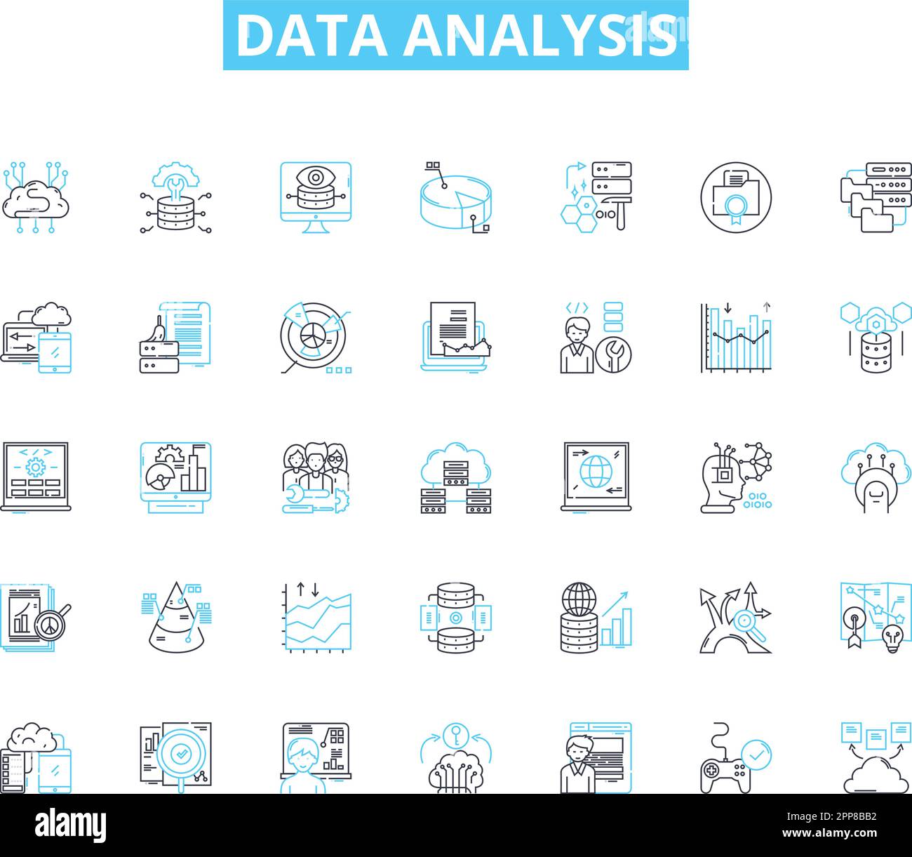 Set di icone lineari per l'analisi dei dati. Analisi, big data, approfondimenti, metriche, visualizzazione, Dashboard, vettore di linea delle statistiche e segnali concettuali. Attività minerarie Illustrazione Vettoriale