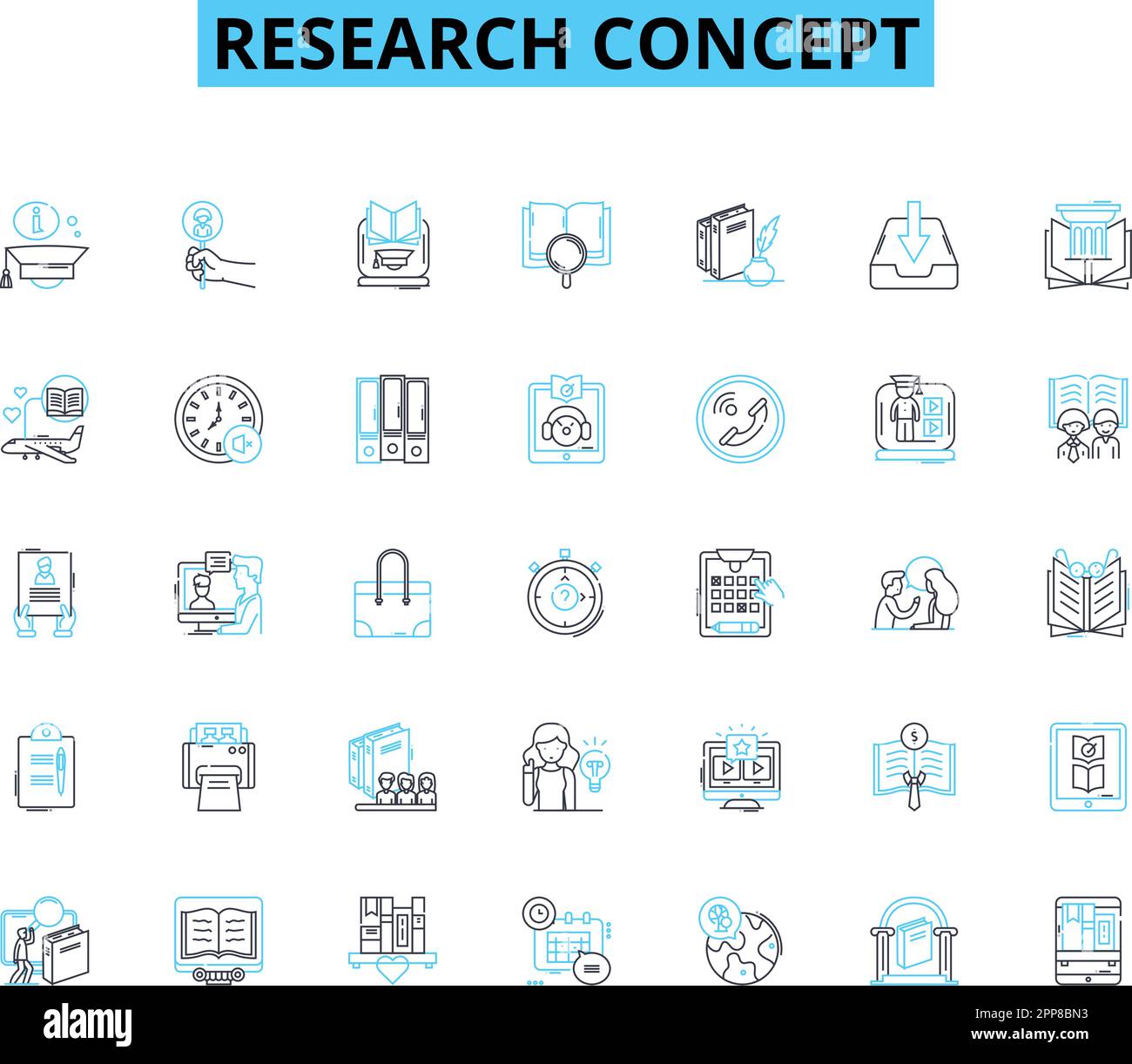 Set di icone lineari del concetto di ricerca. Sperimentazione, metodologia, ipotesi, dati, analisi, Statistiche, vettore di linea di rilievo e segnali concettuali Illustrazione Vettoriale