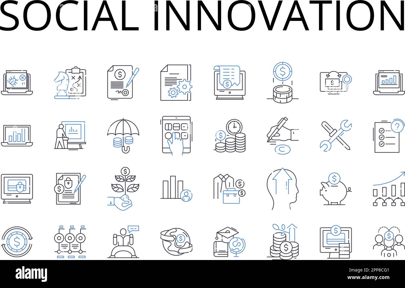 Collezione icone della linea di innovazione sociale. Sostenibilità ambientale, progresso tecnologico, sviluppo comunitario, responsabilità aziendale Illustrazione Vettoriale