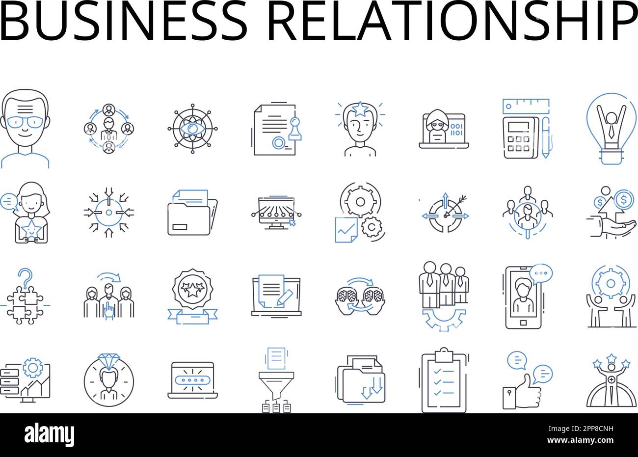 Raccolta di icone della linea di relazioni commerciali. Fedeltà dei clienti, partnership aziendale, fidelizzazione dei dipendenti, alleanza di settore, professionisti Illustrazione Vettoriale