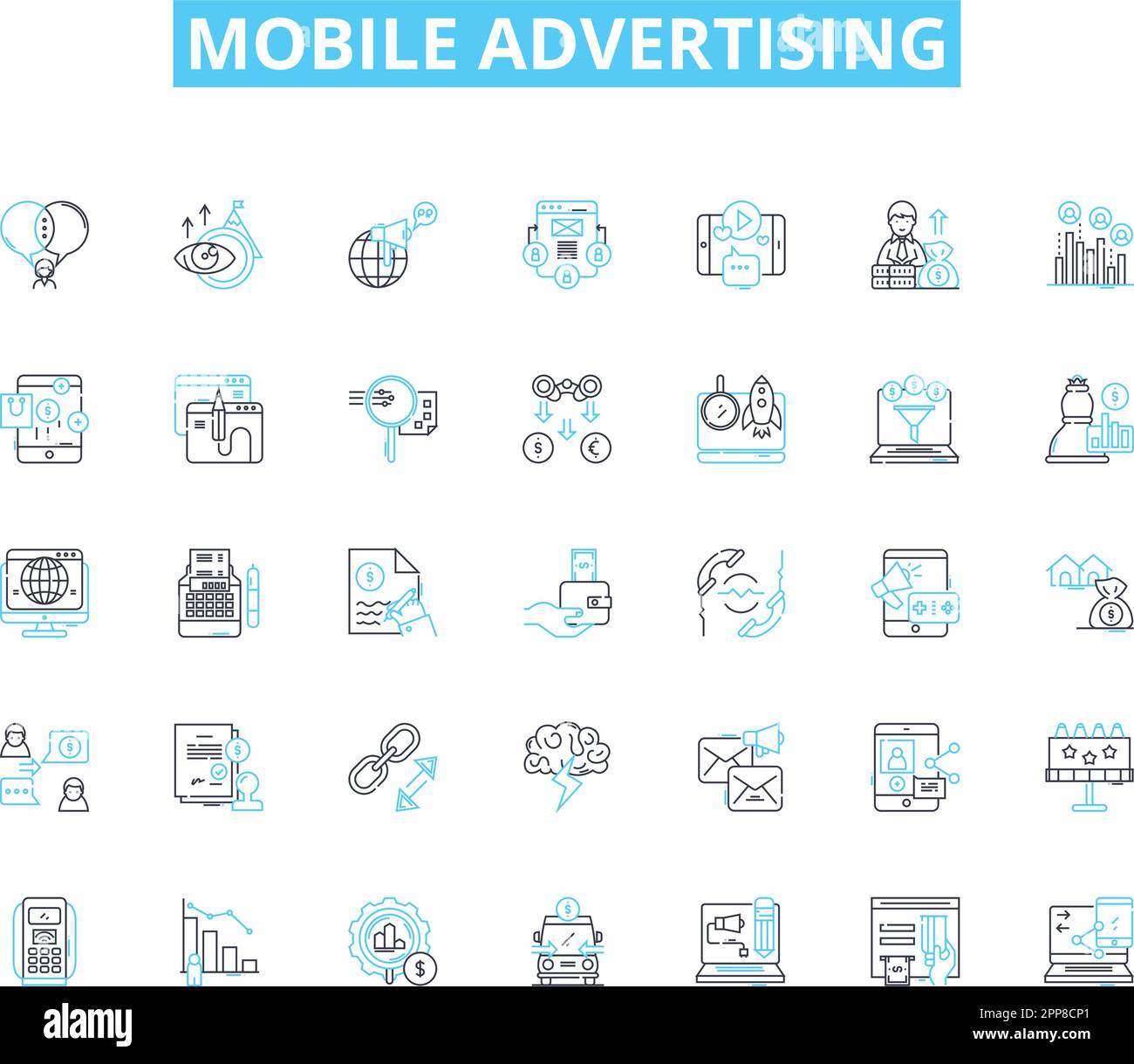 Set di icone lineari per la pubblicità mobile. Impressioni, clic, conversioni, targeting, coinvolgimento, Geolocalizzazione, vettore di linea di personalizzazione e concetto Illustrazione Vettoriale