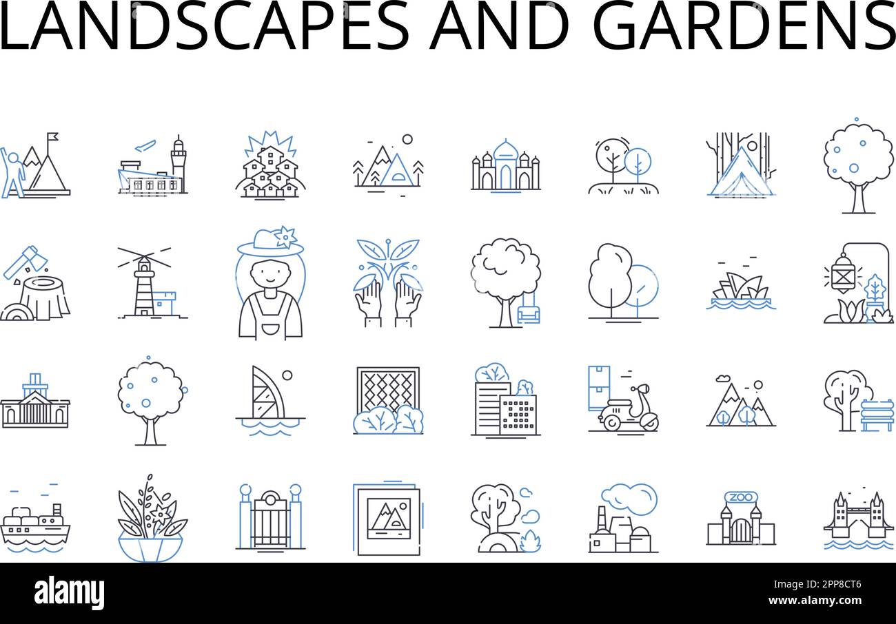 Paesaggi e giardini linea icone collezione. Vista mare, accesso alla spiaggia, Vista montagna, panorama sullo skyline, sentieri nella foresta, Ritiro di campagna, giungla urbana Illustrazione Vettoriale