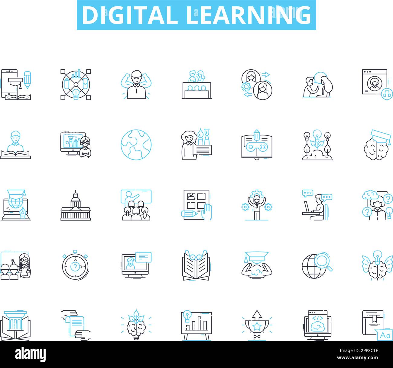 Set di icone lineari per l'apprendimento digitale. E-learning, Corsi online, classi virtuali, formazione a distanza, Corsi Internet, Cyberlearning, basato sulla tecnologia Illustrazione Vettoriale
