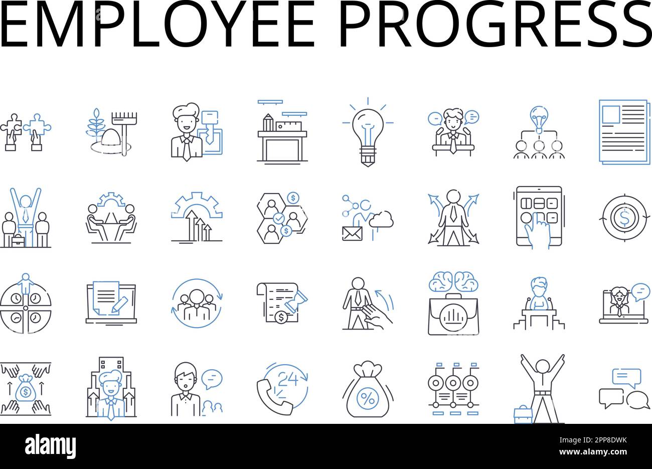 Raccolta di icone della riga di avanzamento del dipendente. Sviluppo dei lavoratori, avanzamento del personale, crescita del personale, promozione della forza lavoro, avanzamento del lavoro, Evoluzione della carriera Illustrazione Vettoriale